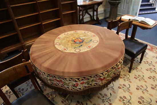 A.W.N. Pugin for Morel & Seddon. An important Gothic revival oak, pollard oak, parcel gilt marquetry centre table, Diam. 4ft 2in. H.2ft